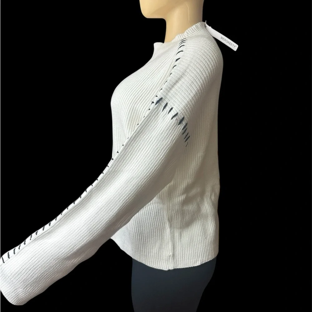 NWT Women’s Mock Neck White Sweater with Black Stitch Accents
